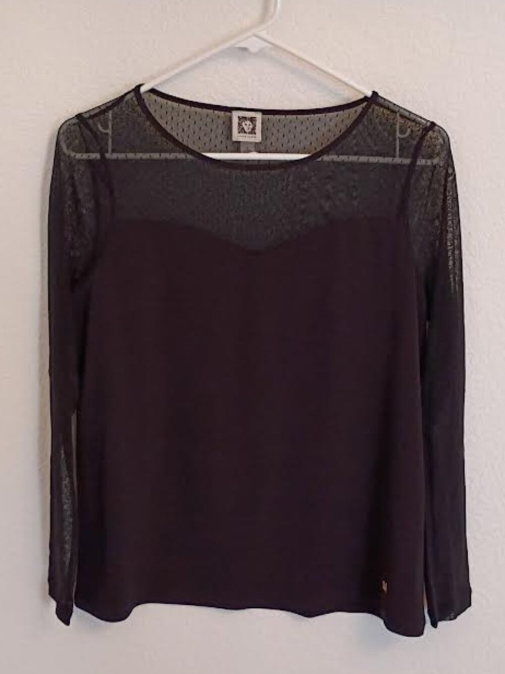ANNE KLEIN WOMEN'S TOP BLACK LONG SLEEVE SHEER SLEEVES BODICE STRETCH SMALL